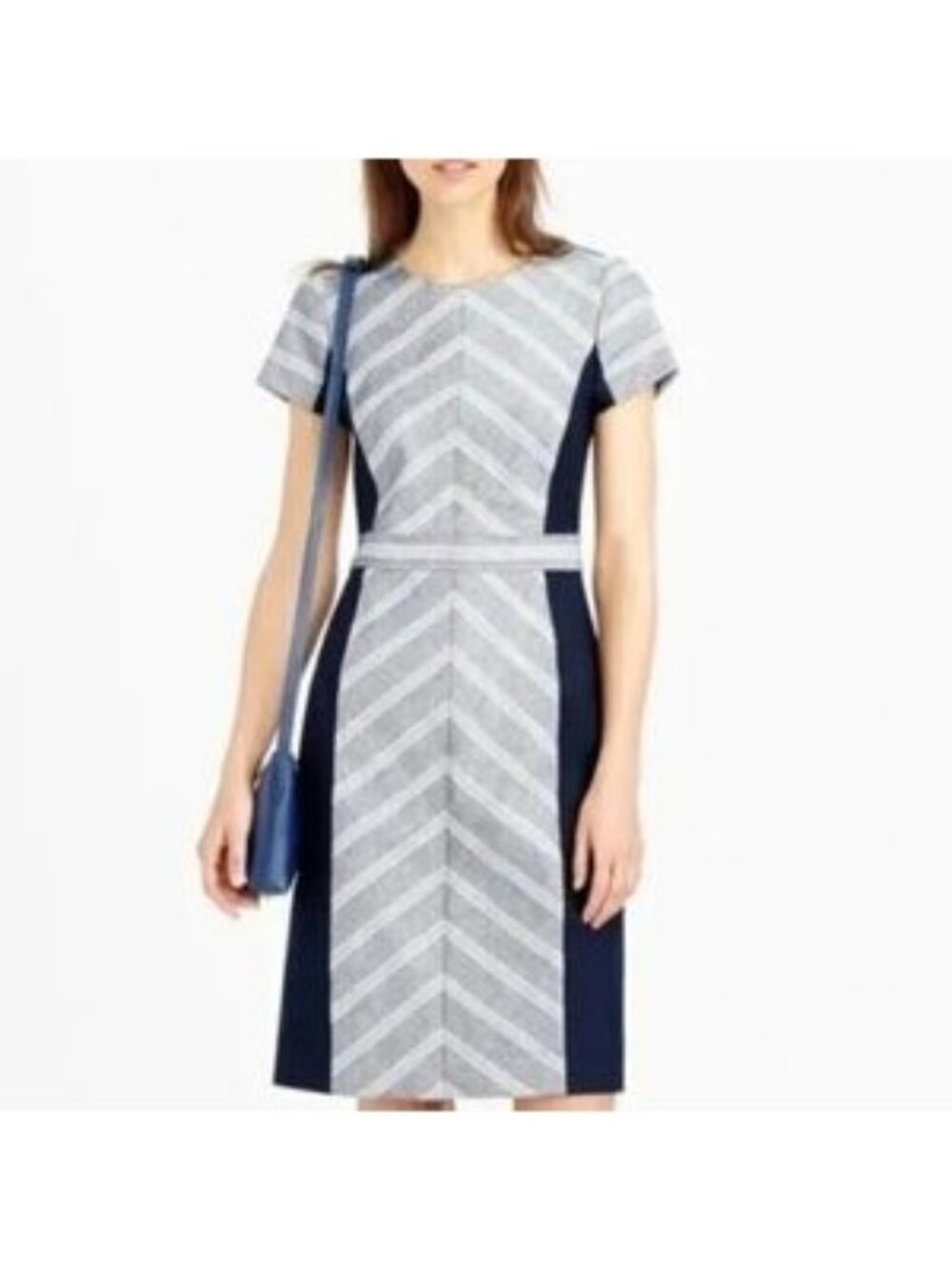 J.Crew Blue White Chevron Linen Cotton Blend Shift Dress Women's Size 8 Preppy